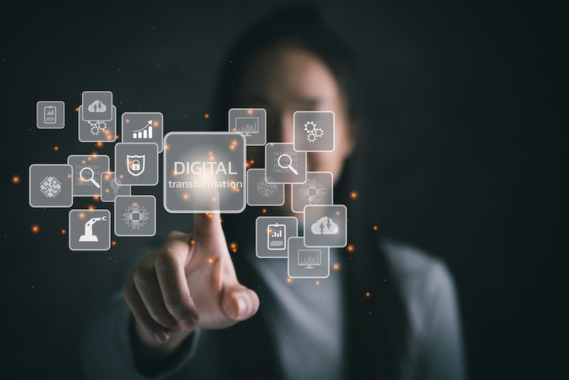 Woman using virtual board for data engineering  and digital transformation